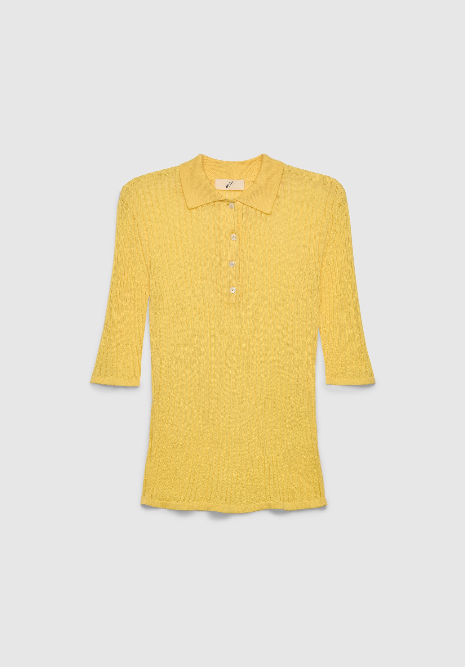 A yellow short-sleeve knit top with a fitted silhouette, featuring a small pointed collar and a buttoned placket, displayed against a plain background.
