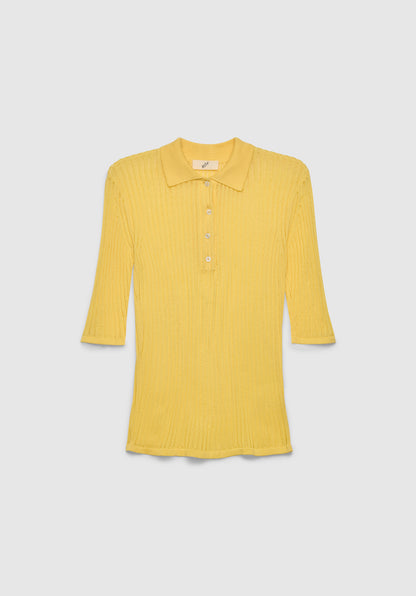 A yellow short-sleeve knit top with a fitted silhouette, featuring a small pointed collar and a buttoned placket, displayed against a plain background.
