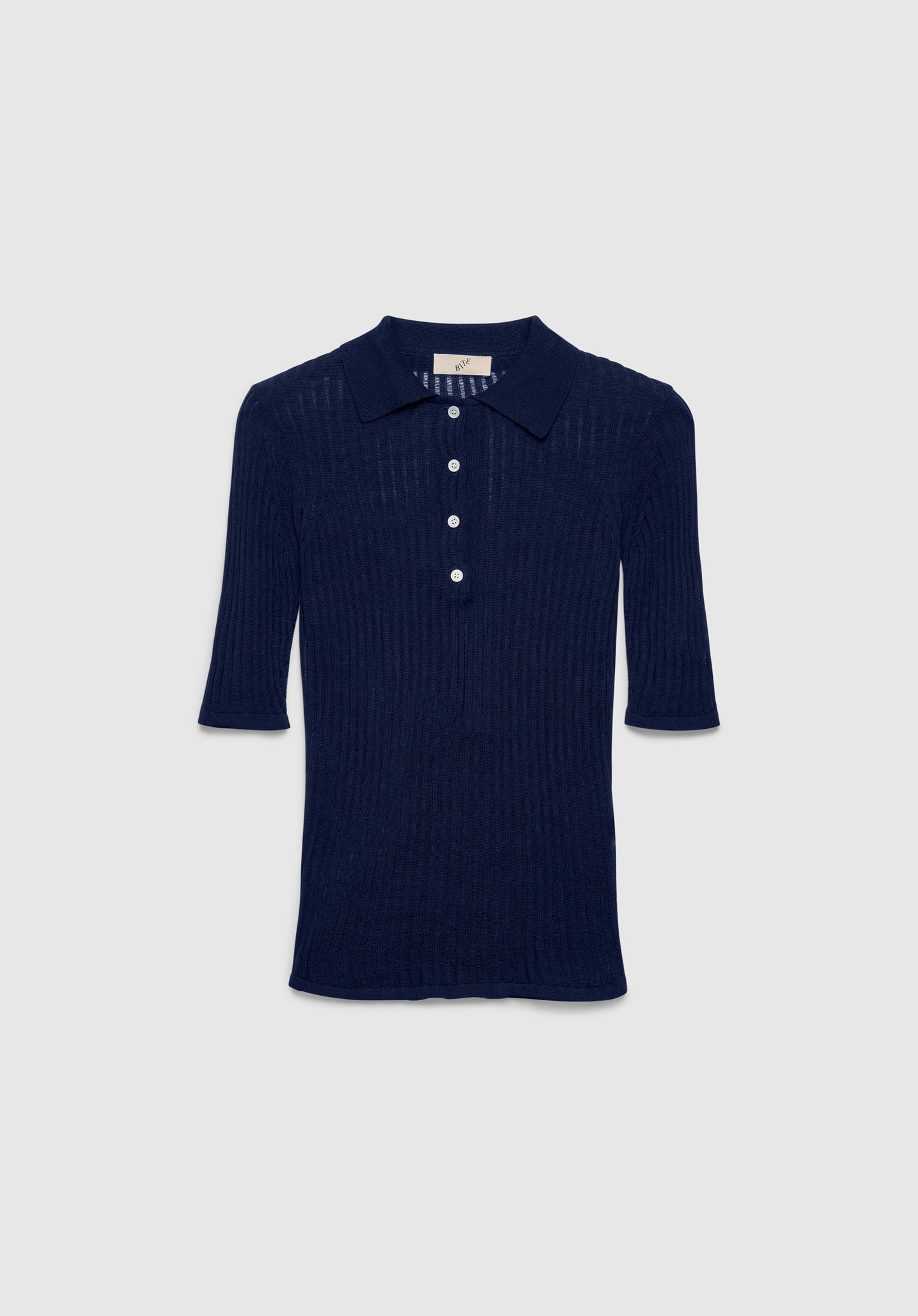 A navy blue short-sleeve knit top with a fitted silhouette, featuring a small pointed collar and a buttoned placket, displayed against a plain background.

