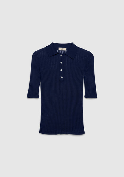 A navy blue short-sleeve knit top with a fitted silhouette, featuring a small pointed collar and a buttoned placket, displayed against a plain background.
