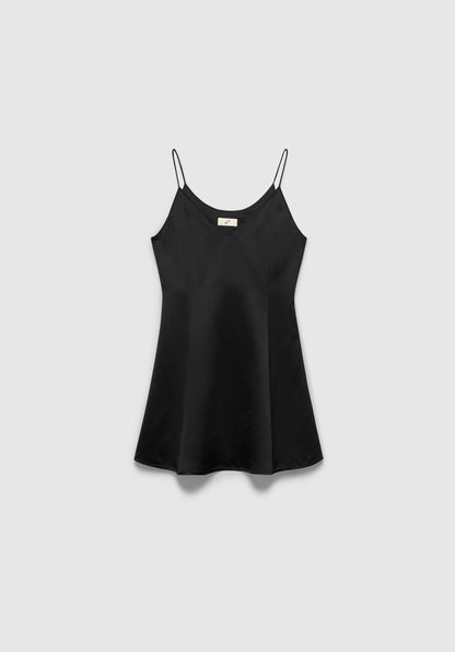 A black satin slip dress with thin spaghetti straps and a soft, flared silhouette, featuring a smooth, slightly glossy finish, displayed against a plain background.
