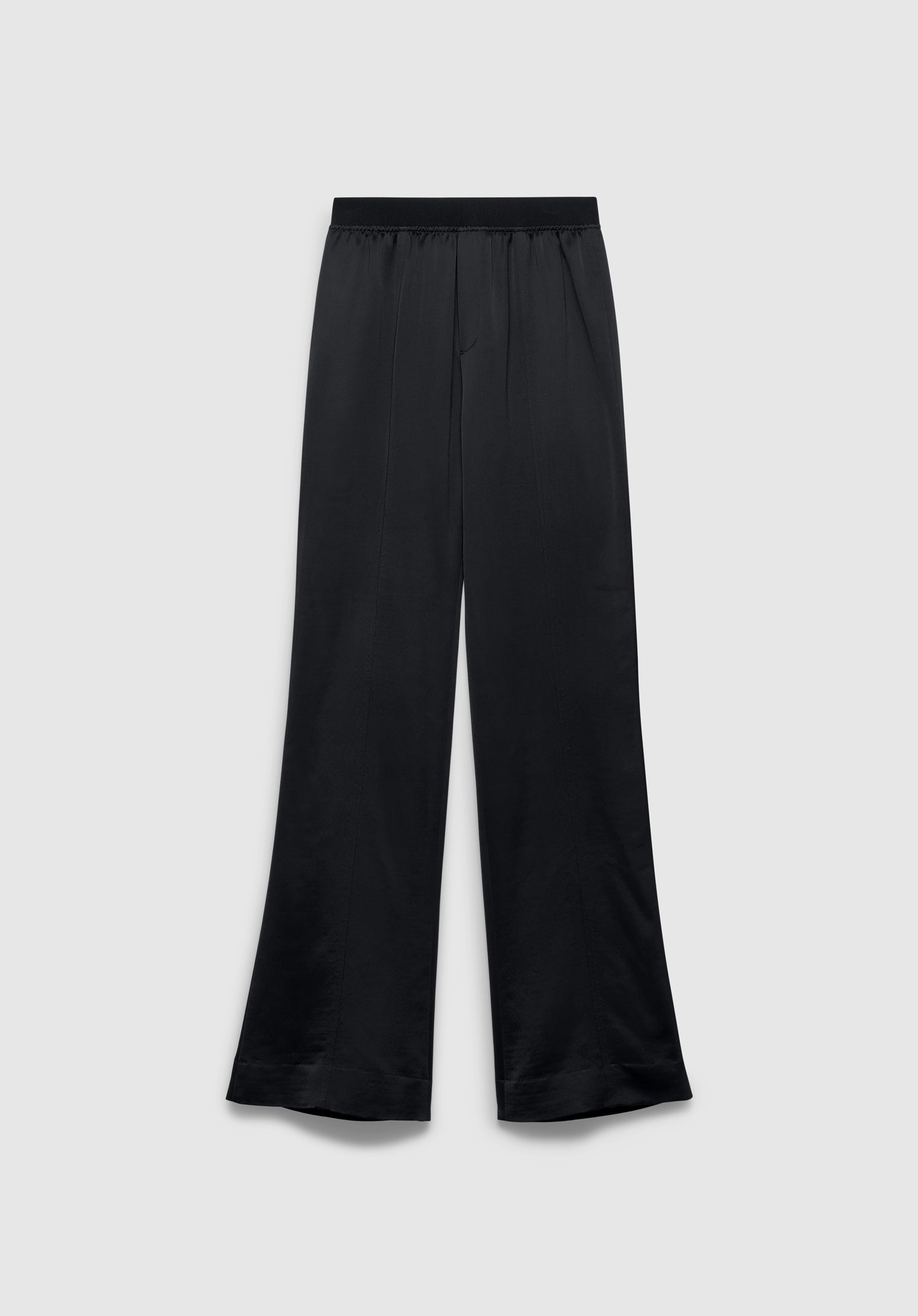 A pair of black wide-leg pants with a relaxed fit, featuring an elastic waistband and a smooth, slightly glossy finish, displayed against a plain background.
