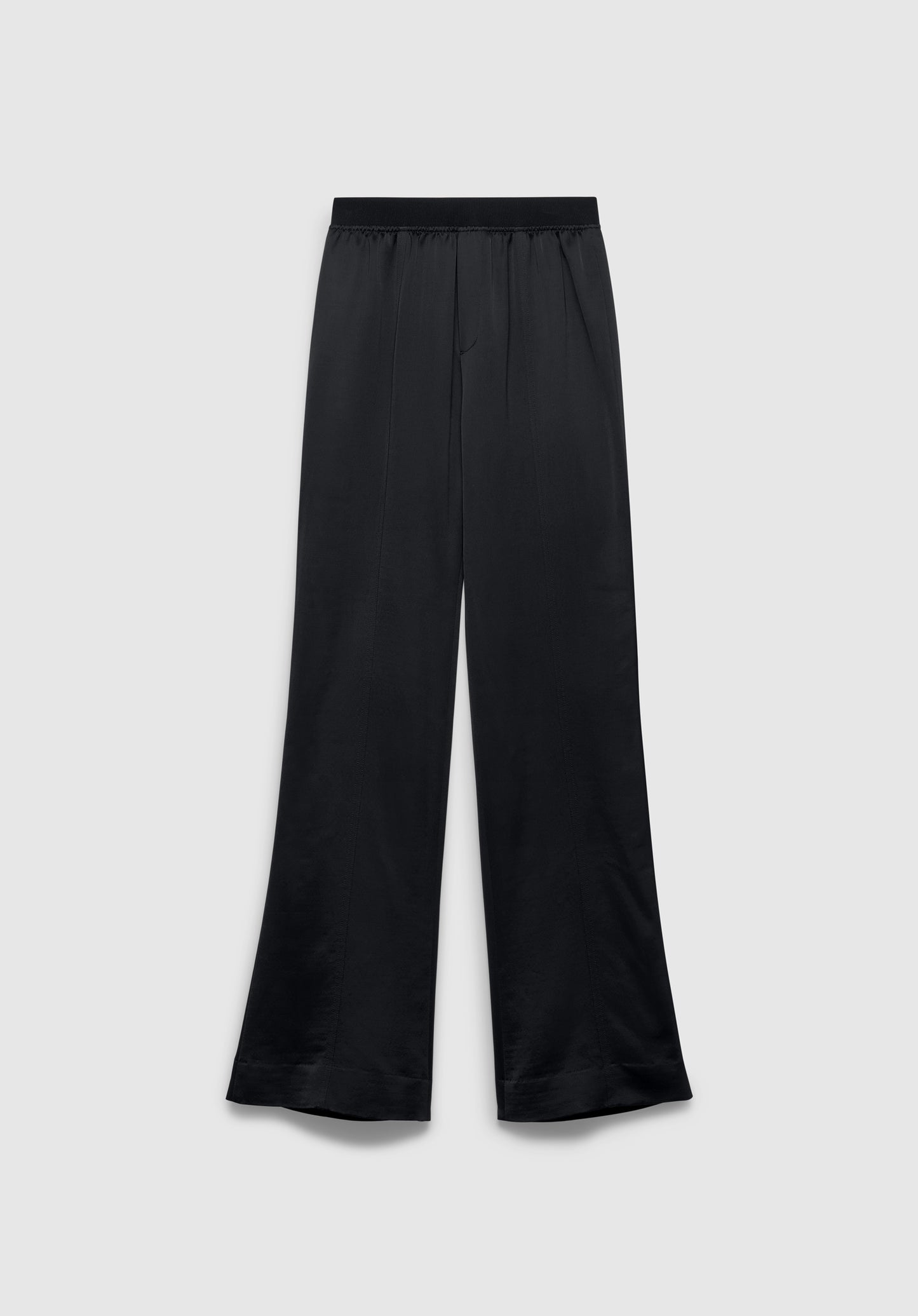 A pair of black wide-leg pants with a relaxed fit, featuring an elastic waistband and a smooth, slightly glossy finish, displayed against a plain background.
