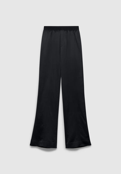 A pair of black wide-leg pants with a relaxed fit, featuring an elastic waistband and a smooth, slightly glossy finish, displayed against a plain background.
