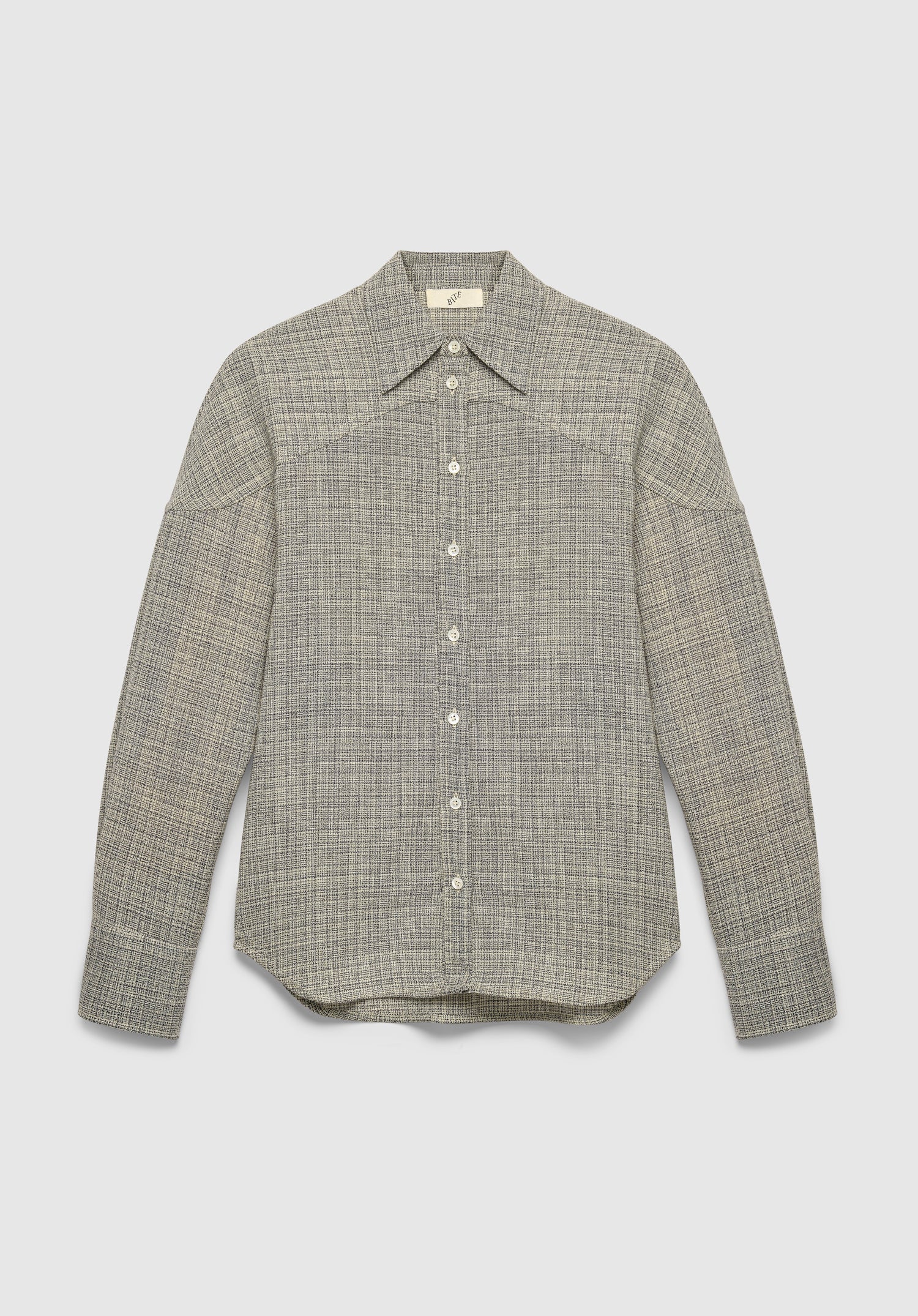 A long-sleeve button-up shirt in a textured gray fabric with a subtle woven pattern, featuring a pointed collar and a relaxed fit, displayed against a plain background.
