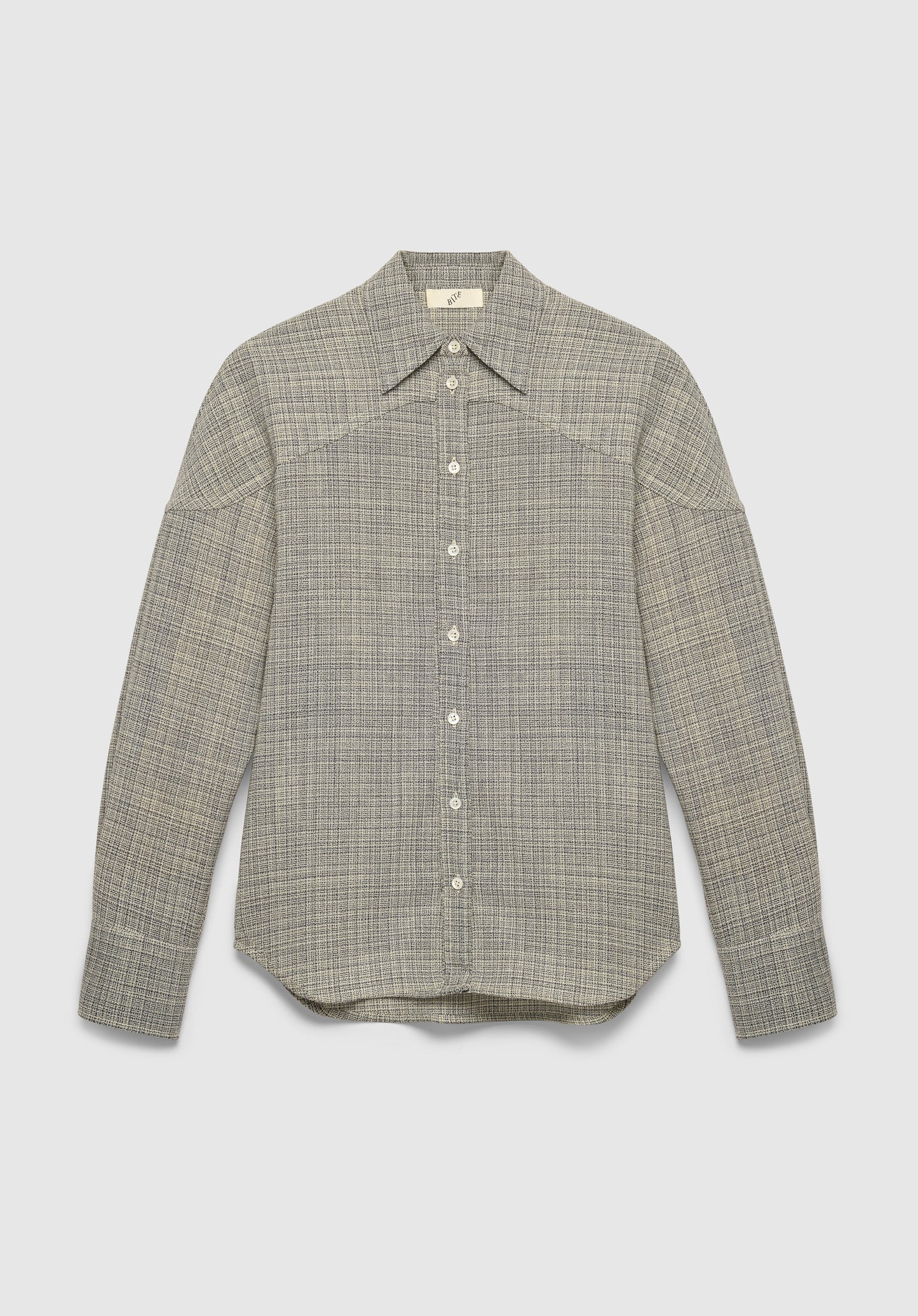 A long-sleeve button-up shirt in a textured gray fabric with a subtle woven pattern, featuring a pointed collar and a relaxed fit, displayed against a plain background.
