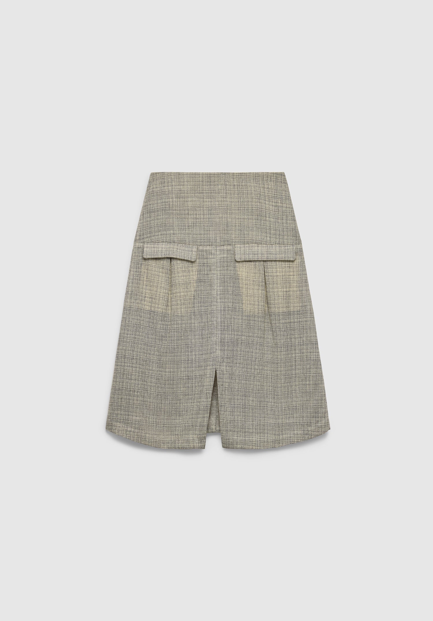A gray textured mini skirt with a structured silhouette, featuring front flap pockets and a small front slit, displayed against a plain background.
