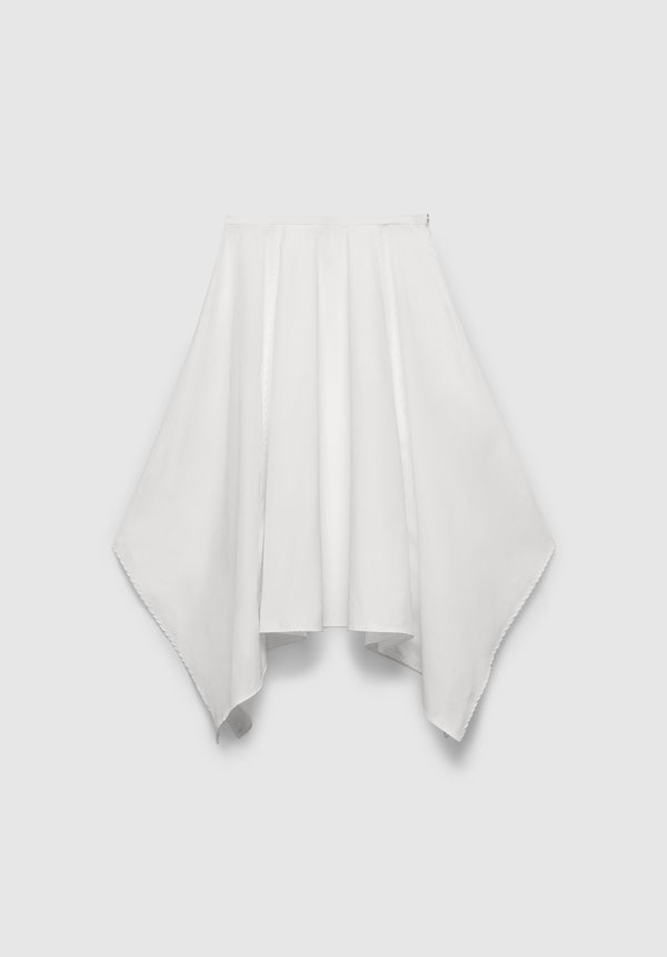 A white skirt with a flowing, asymmetrical hem, featuring a gathered waistband and draped paneling for a soft, sculptural silhouette, displayed against a plain background.
