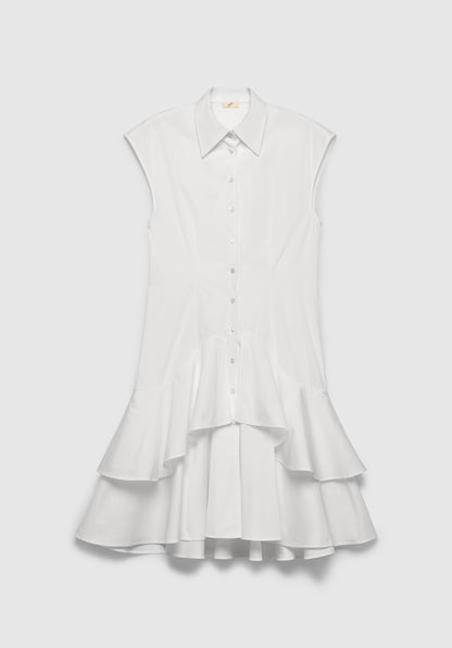 A white sleeveless shirt dress with a pointed collar and front button closure, featuring a fitted bodice and a tiered ruffled hem for a flared silhouette, displayed against a plain background.
