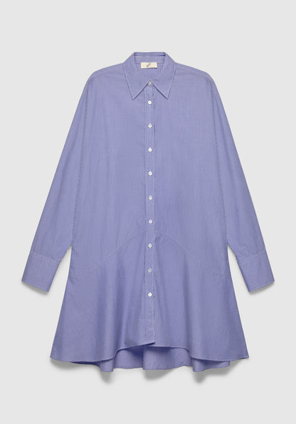 A blue and white vertically striped long-sleeve shirt dress with a pointed collar and front button closure, featuring a loose, flared silhouette, displayed against a plain background.
