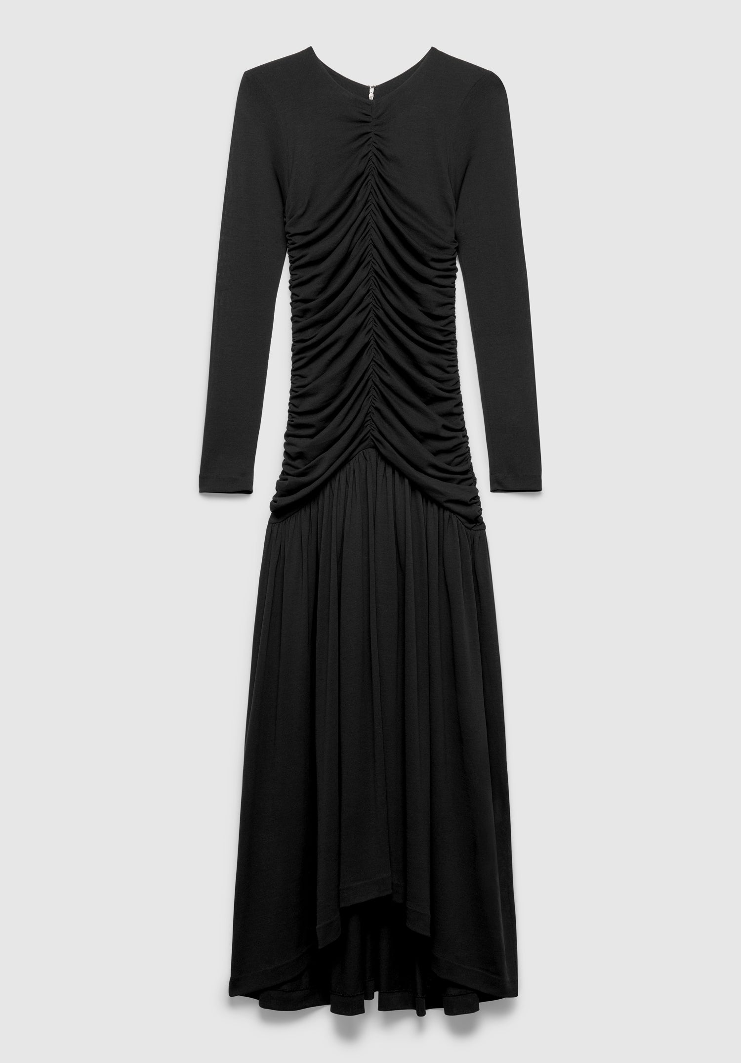 A black long-sleeve maxi dress with a fitted bodice, featuring ruched detailing down the front and a flowing, draped skirt, displayed against a plain background.
