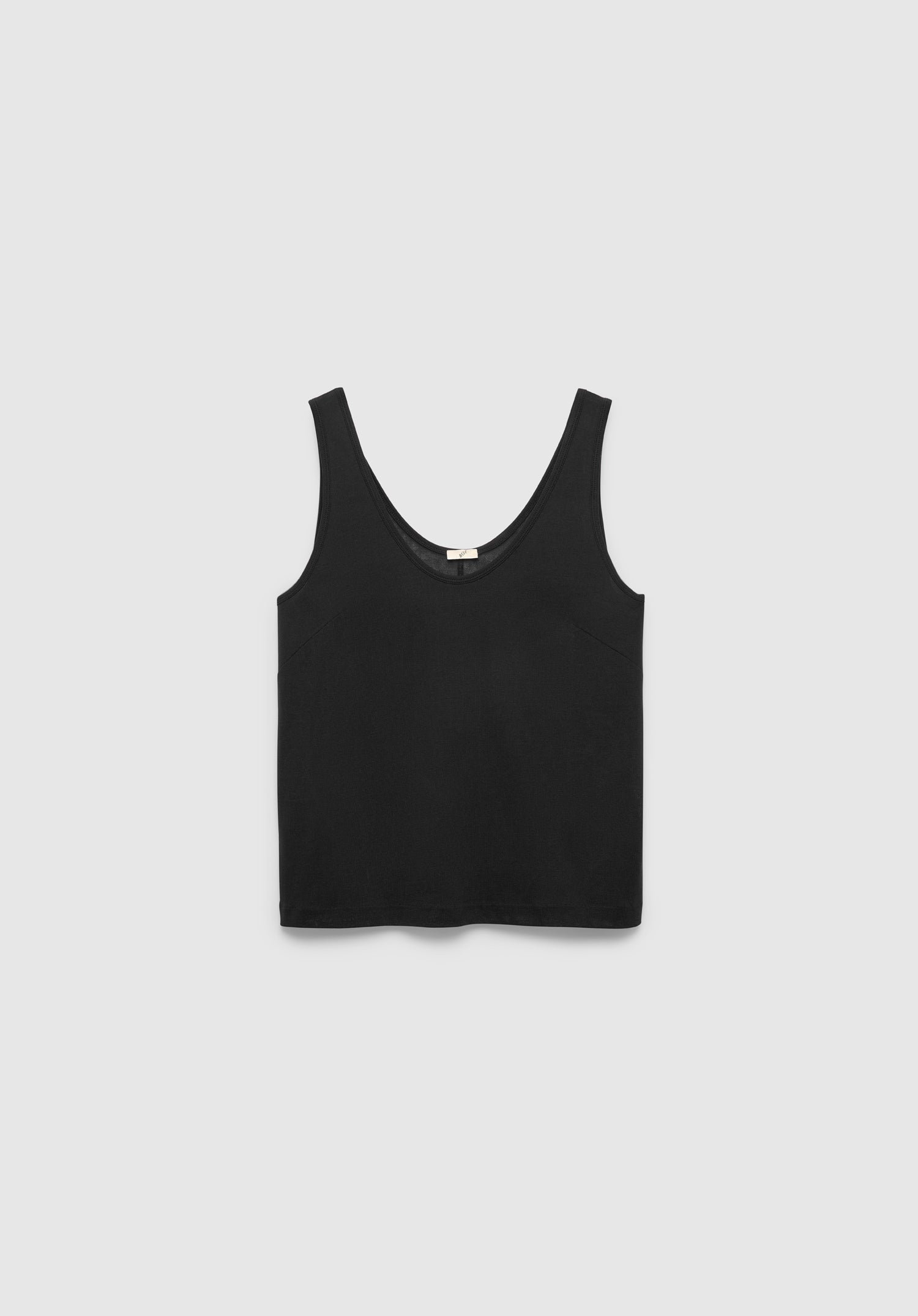 A black sleeveless tank top with a scoop neckline and a simple, fitted silhouette, displayed against a plain background.
