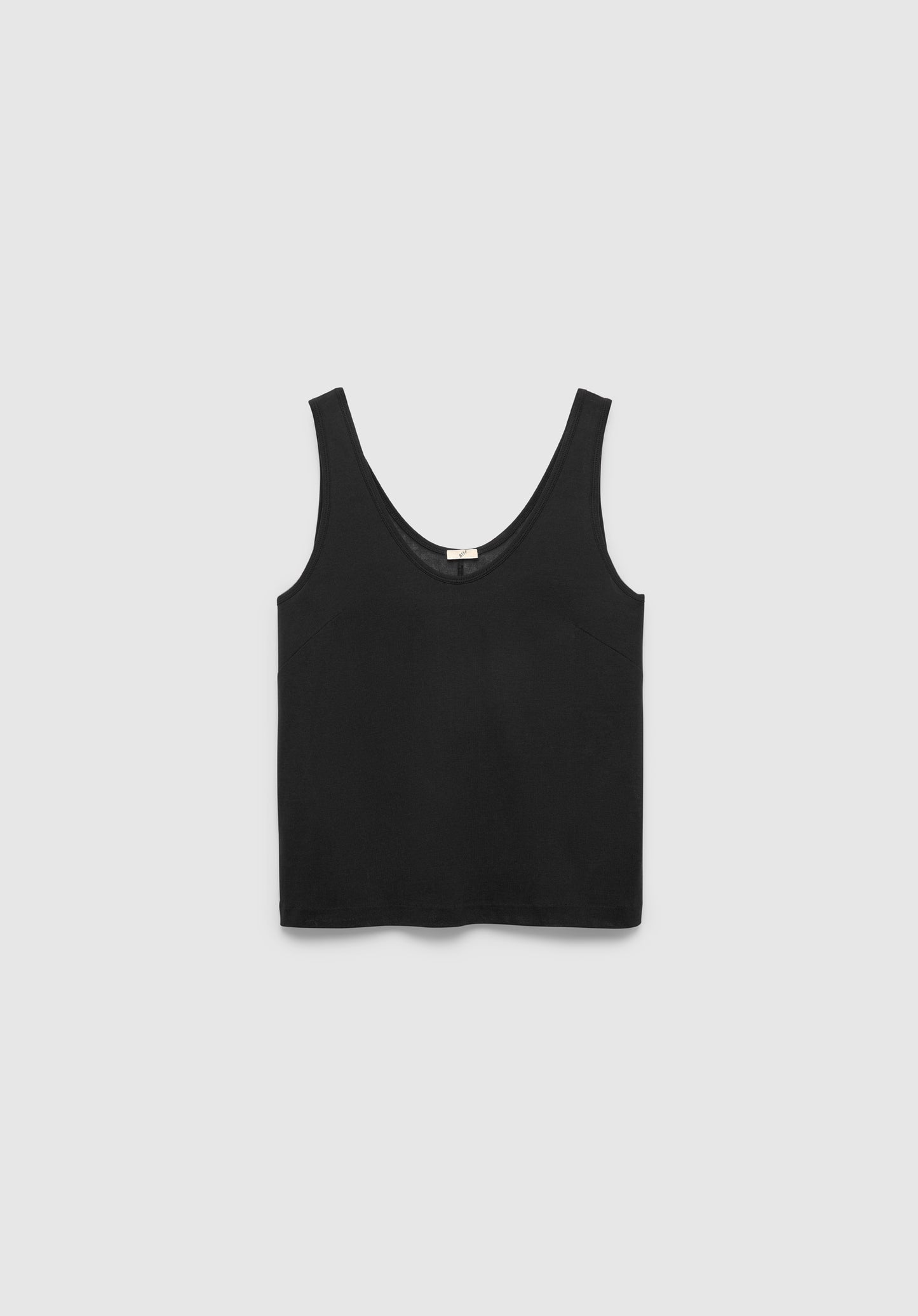 A black sleeveless tank top with a scoop neckline and a simple, fitted silhouette, displayed against a plain background.
