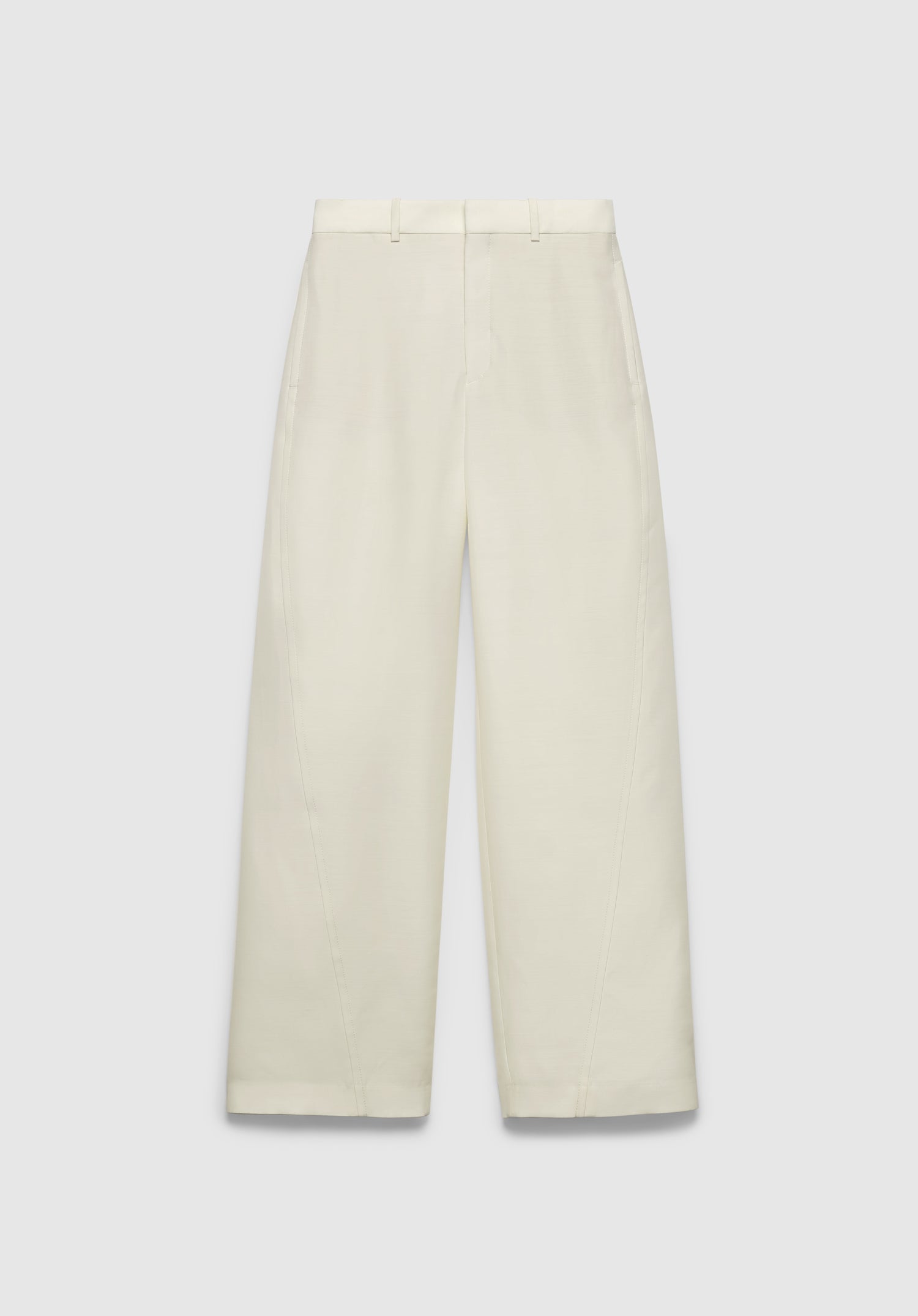 A pair of cream-colored straight-leg trousers with a tailored fit, featuring a mid-rise waistband with belt loops and clean, minimal detailing, displayed against a plain background.
