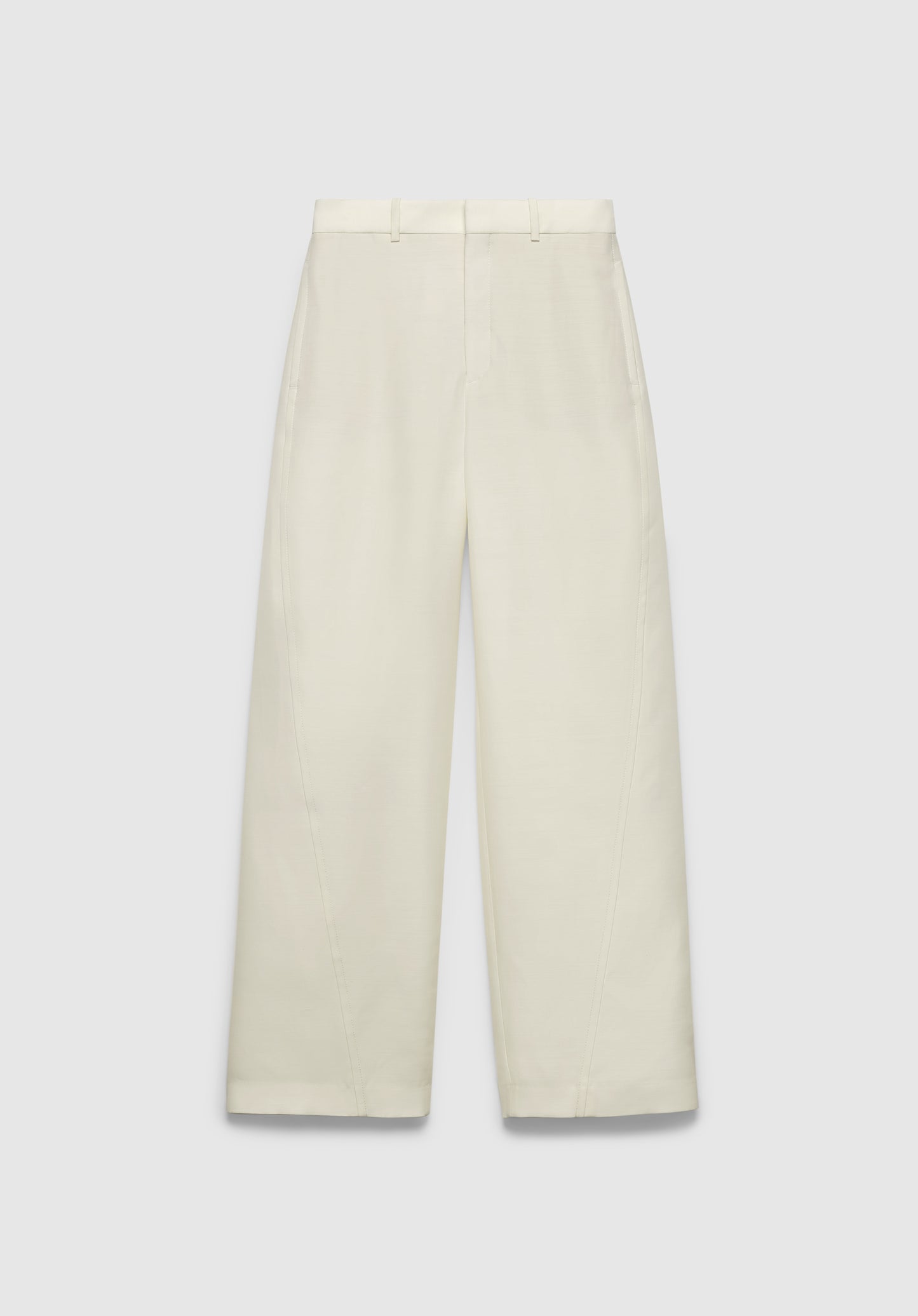 A pair of cream-colored straight-leg trousers with a tailored fit, featuring a mid-rise waistband with belt loops and clean, minimal detailing, displayed against a plain background.
