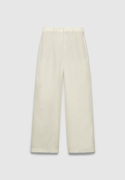 A pair of cream-colored straight-leg trousers with a tailored fit, featuring a mid-rise waistband with belt loops and clean, minimal detailing, displayed against a plain background.
