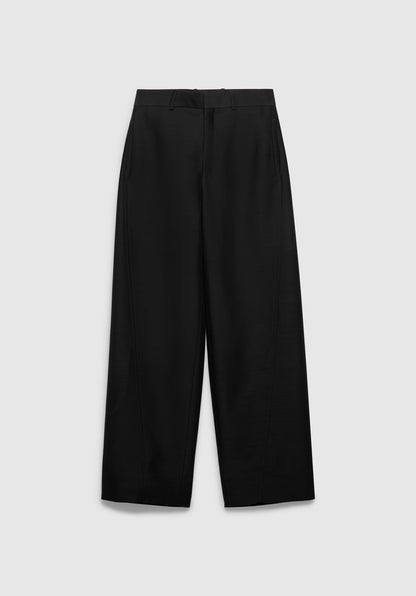 A pair of black straight-leg trousers with a tailored fit, featuring a mid-rise waistband with belt loops and a clean, minimalist design, displayed against a plain background.
