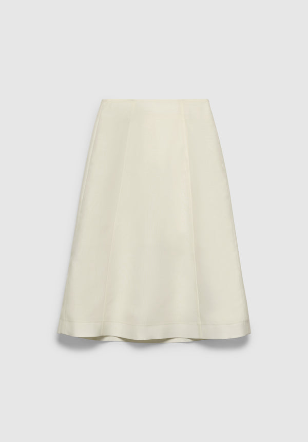 A cream-colored A-line skirt with a smooth, structured finish, featuring subtle panel seams and a clean, minimalist design, displayed against a plain background.

