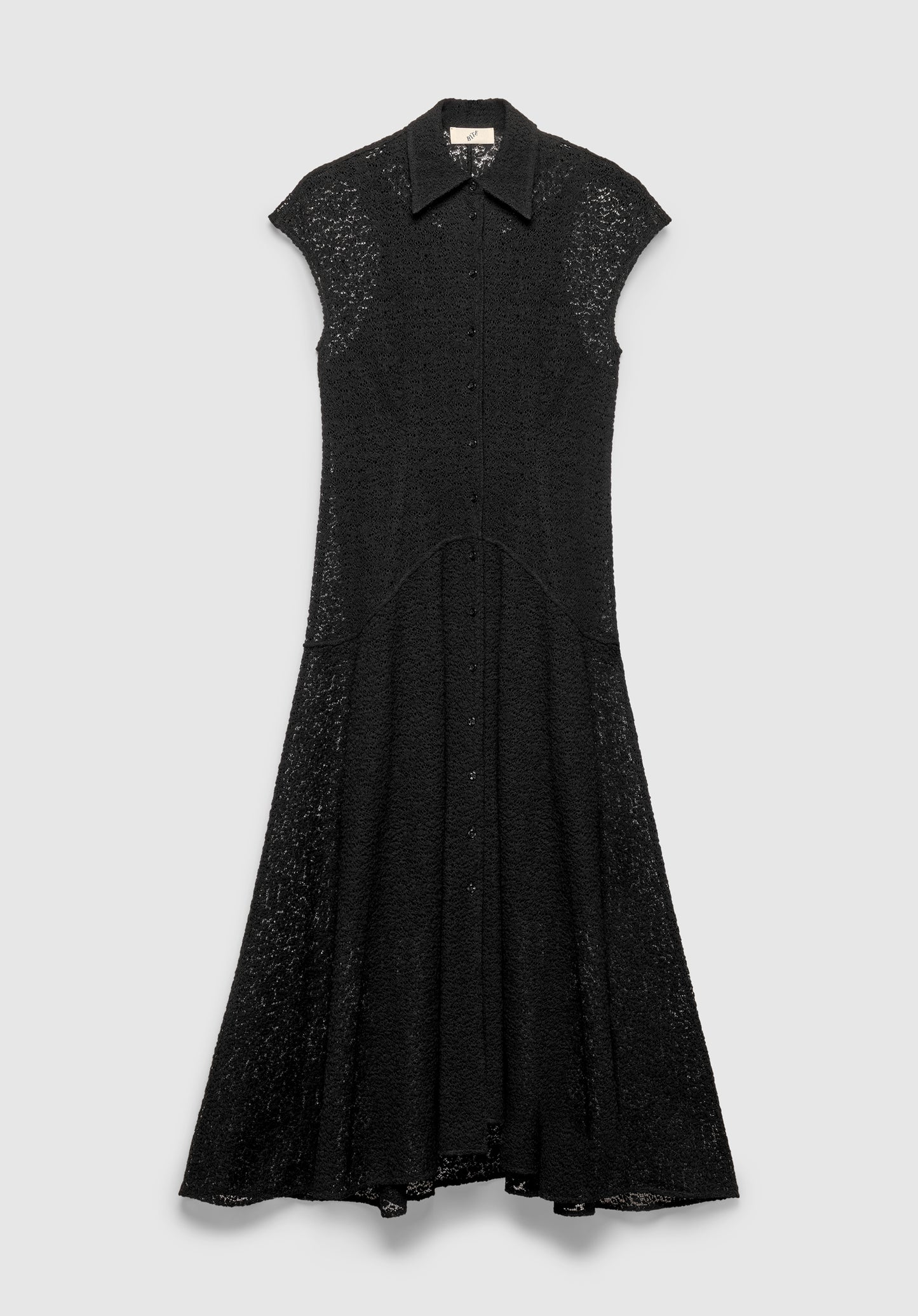 A black sleeveless midi dress with a pointed collar and front button closure, featuring a textured lace fabric and a softly flared skirt, displayed against a plain background.
