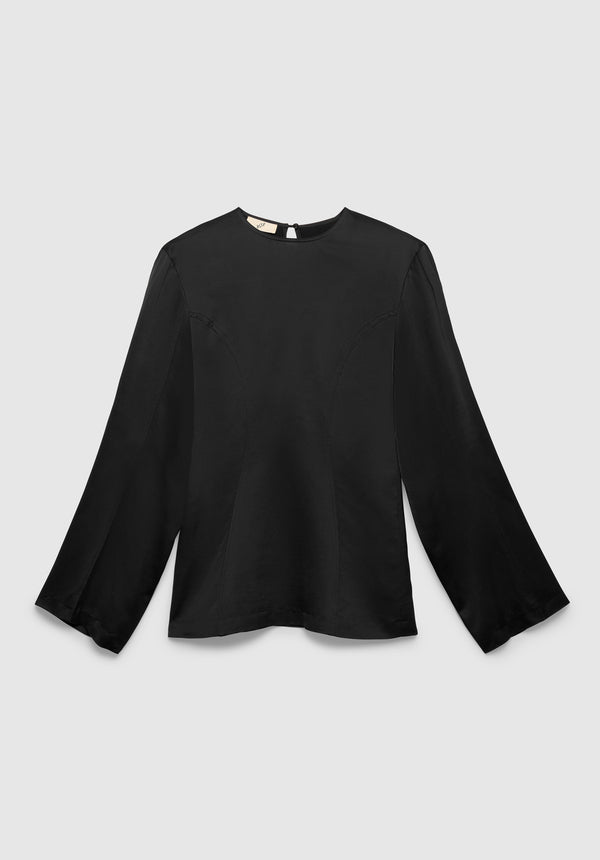 A black long-sleeve blouse with a relaxed fit, featuring a round neckline, subtle seam detailing, and a smooth, slightly glossy finish, displayed against a plain background.

