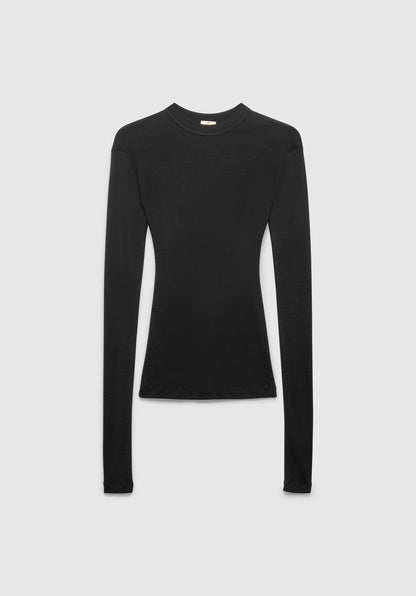 A fitted black long-sleeve top with a crew neckline, featuring a sleek, minimal design and a close-to-body silhouette, displayed against a plain background.
