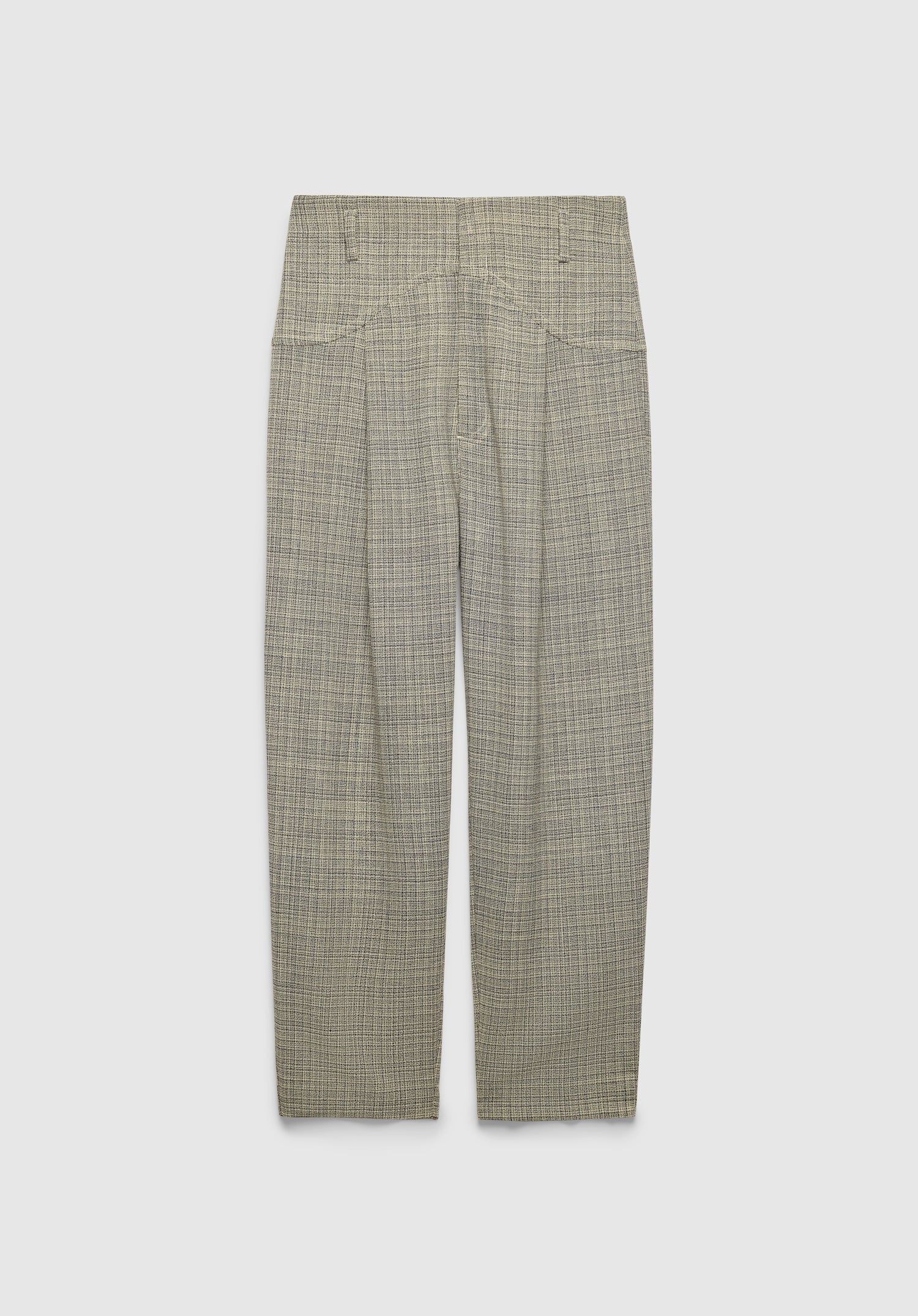 A pair of straight-leg trousers in a textured gray woven fabric, featuring a clean, tailored silhouette and minimalist design, displayed against a plain background.
