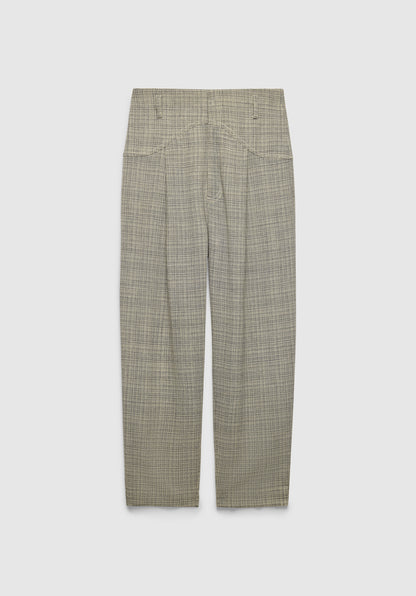 A pair of straight-leg trousers in a textured gray woven fabric, featuring a clean, tailored silhouette and minimalist design, displayed against a plain background.
